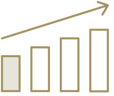 Ein Grafik mit vier Säulen mit ansteigender Höhe und einem Pfeil der den Anstieg verdeutlicht. Die erste Säule ist eingefärbt.