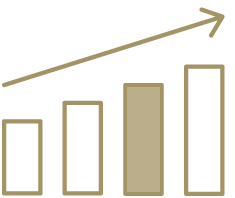 Ein Grafik mit vier Säulen mit ansteigender Höhe und einem Pfeil der den Anstieg verdeutlicht. Die dritte Säule ist eingefärbt.